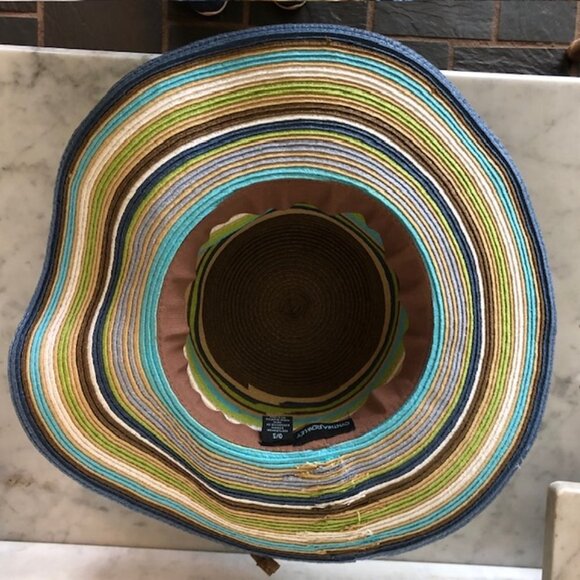 CYNTHIA ROWLEY Striped Straw Floppy Hat Blue Brown Green One Size - Picture 12 of 16